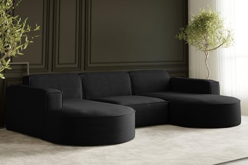 Kaiser Möbel - Ecksofa mit Wohnlandschaft, Eckcouch U Form XXL, Bigsofa, Sofa 3-sitzer, Bequemes Couch mit Ottomane für Wohnzimmer, Relaxsofa, Cord Stoff, Lounge-Set U-Form, Modena Studio, Schwarz