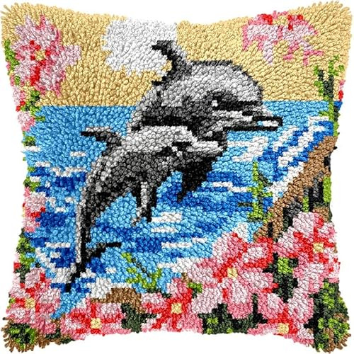 Knüpfkissen-Set mit Delfinen und Blumen, Kissen für Erwachsene, vorgedruckte Muster, Kissenbezug, Nadelarbeiten, Häkelgarne, Knüpfkissen für Sofa-Dekoration, 43,2 x 43,2 cm (y221)