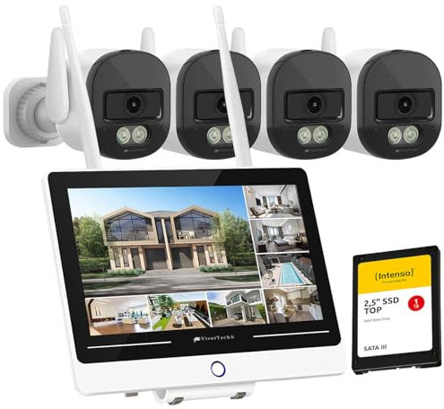 VisorTech Kamera Personenerkennung: Funk-Überwachungssystem, Display-HDD-Rekorder, 4X 2K-Kamera + 1TB SSD (Profi-Überwachungskamera-Sets, IP-Kamera Outdoor Set, Alarmanlage)