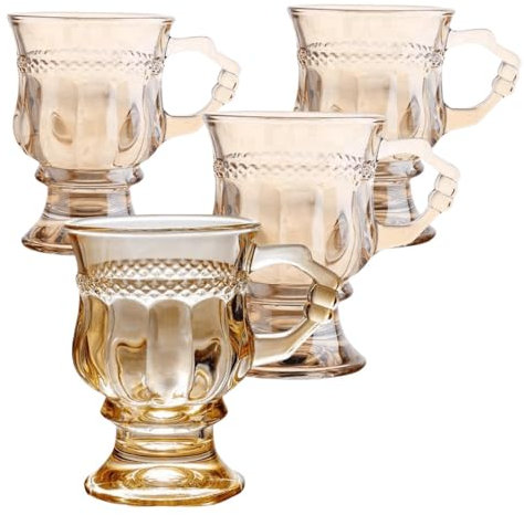 Vintage Irish Coffee Mugs, Crystal Clear Irish Coffee Glass with Handle, Footed Stem Base, Heat Resistant, Heavy Duty Cups for Hot Chocolate, Tea, Coffee (Beige, 4pcs)