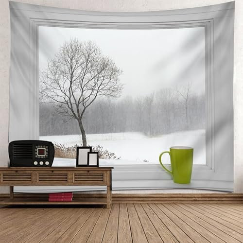 Skcess Tapisserie Wandbehang Weiß, Polyester Wand Teppich Fenster Schneebedeckte Bergbaumlandschaft Tapisserie für Wohnzimmer Wandteppich 150x130CM