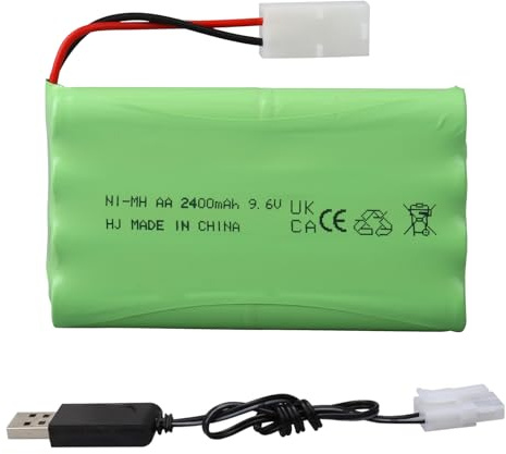 9,6V 2400mAh NiMH Akku Pack, Wiederaufladbarer KET-2P Stecker mit KET Ladekabel, Geeignet für Ferngesteuerte Spielzeugautos, Buggys, Boote, Hubschrauber, Flugzeuge, Airsoft Waffen