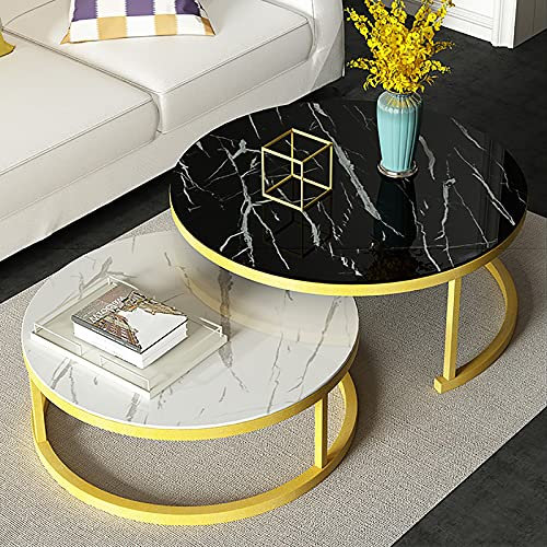 YHKJLYH Set med 2 moderna nestbord, utdragbart soffbord, runt sidobord för soffa, sidobord för vardagsrum, härdat glasbord och svart metallram (70 cm stor och 50 cm p