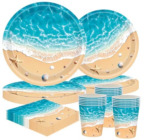 Set de vaisselle pour fête d'anniversaire sur le thème de l'océan, ensemble de 50 pièces avec assiettes en carton, gobelets et serviettes – pour décoration de fête d'anniversaire d'enfant sur le thème