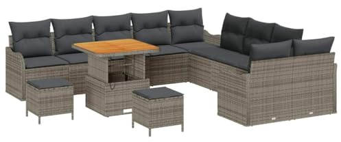 vidaXL 13-delat trädgårdsoff-set med kuddar Grå Poly Rattan Akacia utemöbler Perfekt för patio, balkong och umgänge. Möbler 3-sits tre modulär soffa sektionell