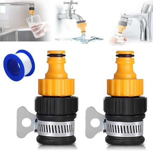 2PCS Kitchen Tap Hose Connector, Hose Adapter for Kitchen Tap with Adjustable Stainless Steel Collar, Universal Tap Connector for Hose Pipe, 12-16mm Hosetap Connectors Kitchen for Garden Indoor (2PCS)