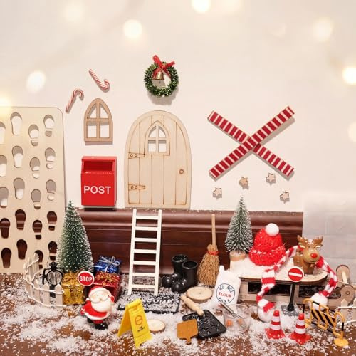 46 Stück Wichteltür Komplettset Weihnachten, Wichtel Zubehör | Enthält Weihnachtsbaum, Baustelle, Schneemann, Stiefel, Leiter und weitere kleine Deko-Elemente