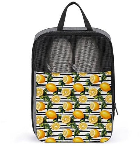 Bolsas de zapatos de golf para viajes para mujeres y hombres, bolsas de zapatos de viaje con estampado de limones a rayas negras y blancas para empacar en la maleta, para danza, bolos, fútbol, tacos