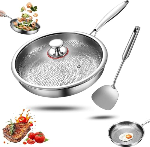 Genérico Sartén de titanio con espátula, antiadherente wok martillado de titanio Nutrition para cocinar, sartén de sin recubrimiento, sartén de por inducción (Con Tapa, 26cm)