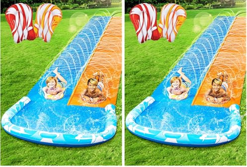 JOYIN 685 cm Rutsche und Wasserrutsche mit 2 Bodyboards, Rasen-Wasserrutsche mit eingebautem Sprinkler für Sommer-Wasserspaß im Garten für Kinder und Erwachsene (Packung mit 2)