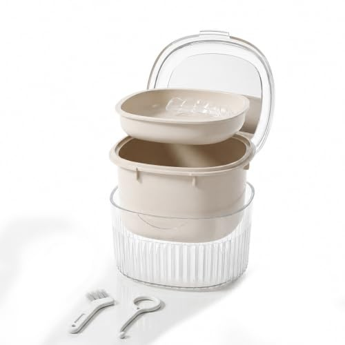 Protesask tandställningsbox med spegelborste silkorg och griphjälpmedel | PP-rengöringsbox 8,3 x 8,3 x 6,5 cm för tandskenor retainer och proteser med separat tillbehörsfack