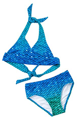 Sun Tails Mermaid Swimsuit - Girls Bikini Set - Matching Scale Colors (Child Large 8-10, Blue Lagoon)