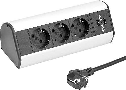 Elbe Inno Regleta Enchufes, Enchufes Multiple, Toma de Mesa múltiple Elbe, Multiprese 3 enchufes alemanes, 2 Puertos USB, Cable de conexión de 1,5 m, Ideal para Oficina, Taller, Kitchen EL1403U