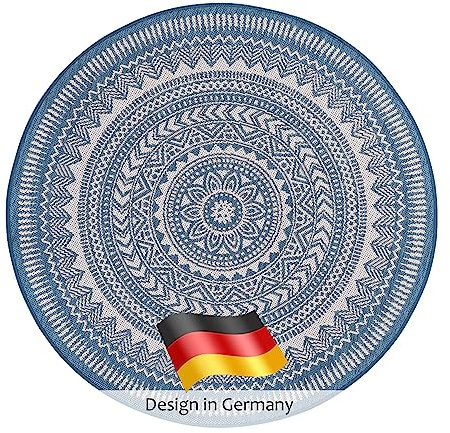 DomDeco In- und Outdoor-Teppich Rund - 120x120cm - Stilvoller Teppich für Innen- und Außenbereich - Blau-Beige