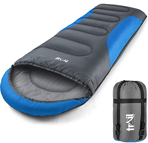 Trail-Alpin-Schlafsack mit Kapuze – 250 g Schlafsack, 3-Jahreszeiten- Schlafsack. Leicht, kleines Packmaß – mit Kapuze und Kompressionssack (Blau)