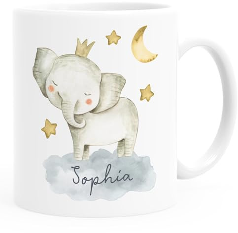 SpecialMe® Kinder-Tasse Kunststoff Tier-Motive Nashorn Löwe Elefant personalisierte Namenstasse für Jungen und Mädchen Weiss Kunstoff-Tasse
