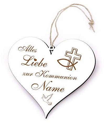 Dekolando Kommunion Schild Herz personalisiert graviert - Alles Liebe zur Kommunion - Geschenk mit Wunschnamen 13x12cm