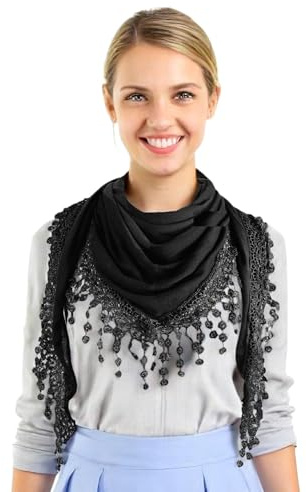 GFM® - Sciarpa triangolare da donna, tinta unita, morbido tessuto jersey, con pizzo e nappe, taglia piccola - Sciarpa per primavera/estate e tutte le stagioni -Nero-(TRI-PLN-KL)