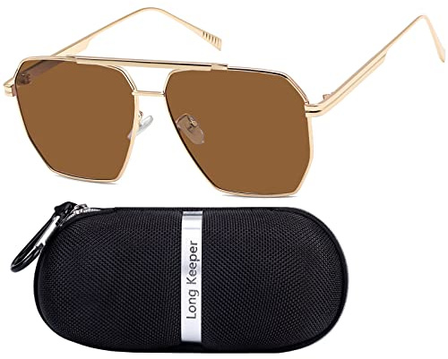 Long Keeper Occhiali da sole polarizzati da pilota per donne e uomini a doppio ponte retrò occhiali da sole quadrati in metallo oversize classico aviazione sfumature protezione UV400, Montatura dorata