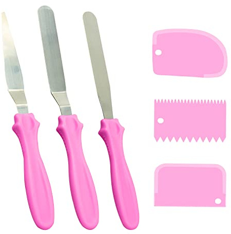 3pcs Stainless Steel Spatula for Icing and 3pcs Plastic Cake Scraper, Non-Slip Handle, Kitchen Baking Tool Set, Cake Decorating, Buttercream Spreading Gadget (Pink)