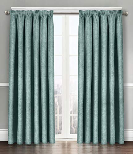 Velosso Solid Thermal Blockout Window Treatment Triple Weaved Curtain Panels Dimout Pencil Pleated Curtain Pair (Duck Egg, 66 Wide x 54 Drop)