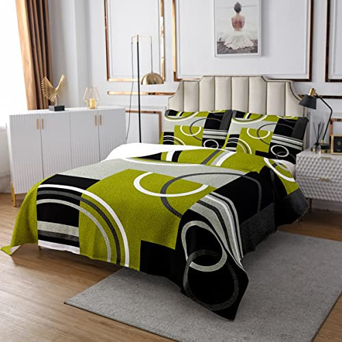 Kreise Wirbel Tagesdecke 240x260 Grün Gelb Tagesdecke Geometrische Quadratische Trommel Gesteppt für Jugend,Schwarz Grau Patchwork Tagesdecke Quilt-Set Modern Graphic Texture Schlafzimmer Dekor
