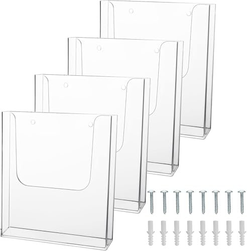 ZOFUN - Portariviste Espositore da Parete, Porta Riviste, Formato A4, Trasparenti, Piatti, con 8 Viti e Tubi di Espansione, in Acrilico, per Menu, Ristoranti, Uffici, 4 Pezzi
