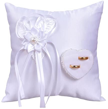 EUBUY Wedding Ring Pillow, 7.9 x 7.9 Inch Ivory Satin Ring Cushion with Pearl Bow for Wedding Party Anniversary Ceromony