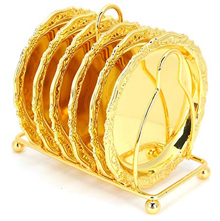 6Pcs European Style Metal Coaster with Rack for Home, Bar (Gold) | Non Slip Cup Mats, Heat Insulation Coaster