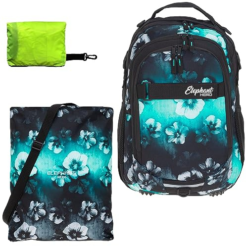 Elephant 3tlg. Set Schulrucksack Hero 12805 Flower Türkis rtp | Signature Jungen Mädchen Rucksack Sportbeutel Turnbeutel Regencover Attach Bag Raincover
