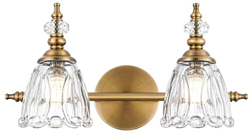 Ditoon Brass Vanity Light, Farmhouse Brushed Gold Bathroom Light Fixtures, 2 Light Bathroom Vanity Lights, Flower Glass Shade Wall Sconce Lighting