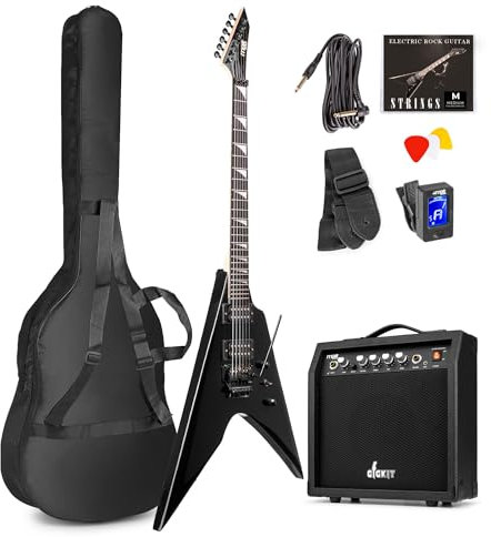 Max GigKit Rock Style E-Gitarre, E Gitarren Set mit Gitarrenverstärker, Tasche, Plektrum, Stimmgerät Gitarre, Instrumentenkabel, Ersatzsaiten, Gitarrengurt, 24 Bünde - Schwarz