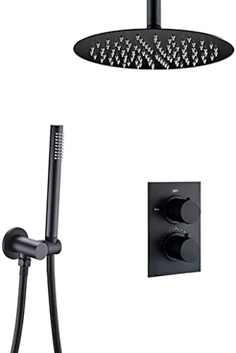 DLAZUM Duschset Duschsystem, an der Decke montiertes schwarzes Thermostatventil Badezimmer-Duscharmaturen-Set mit 8-12 Zoll rundem Regenduschkopf und Handbrause, Duschset, 10 Zoll