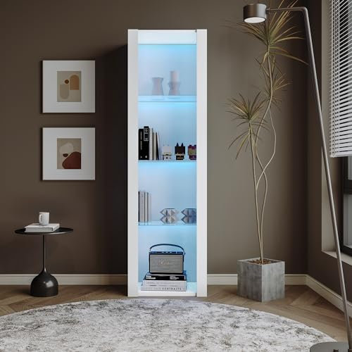 YESGIGA Hochglanz-Vitrine mit LED-Beleuchtung, 3 Glasböden, 55 * 38 * 166 cm, Vitrinen, Standvitrinen, Hochschränke, Lagerschränke (Weiße)