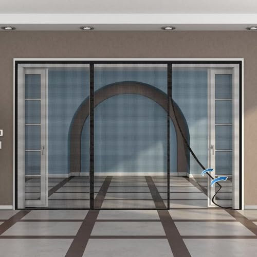 Magnetische Fliegengittertür aus Fiberglas 290x240cm Großer Magnet-Terrassentür-Netzvorhang für Tür, Vollrahmen, Klettband, Außenterrasse Schwarz
