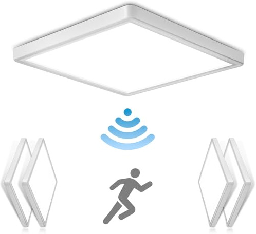 OPPEARL [4 Stücke LED Deckenleuchte mit Radar Bewegungsmelder, 18W 1800LM 4000K Lampe mit Bewegungsmelder innen, IP44 LED Deckenlampe Flach für Treppe Balkon Flur Keller, 23 * 23 * 2.4cm