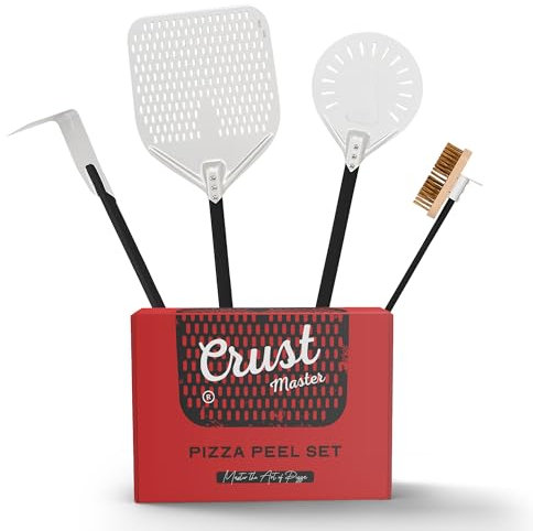 CrustMaster Pizza Peel Set - 12x14 Rectangular Peel, 9 Round Turning Peel, Brass Brush, Ash Rake - Perfect Pizza Oven Accessories for Ovens & BBQ - Pizza Pan - Aluminum & Stainless Steel Tools