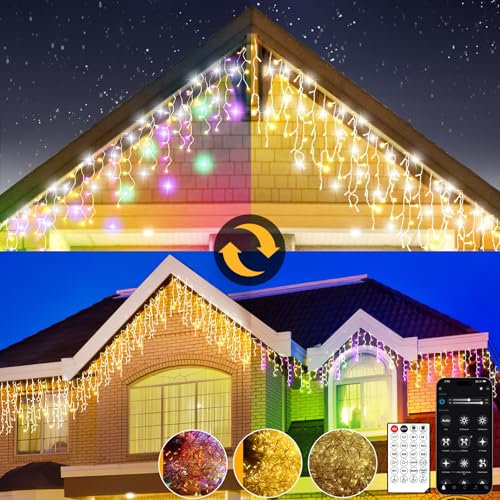 Weihnachtslichter für den Außenbereich, LED Lichtervorhang Aussen in Warmem und RGB Weiß, Eisregen Lichterkette Außen mit Fernbedienung und App, 17 Modi+4 Helligkeiten+Timer(15M-600L,W/RGB)