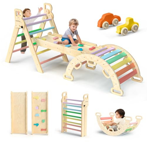 BlueWood 7-in-1 Montessori Kletterdreieck mit Kletterbogen und Rutsche, Holzdreieck für Kleinkinder, Indoor Kletterspielzeug für Kleinkinder, klettergerüst Indoor ab 1 Jahr