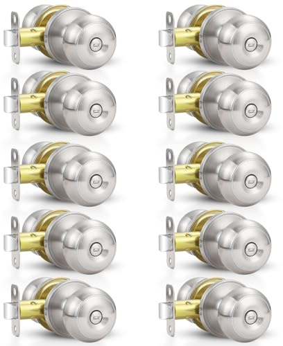 Estmoon 10 Pack Home Improvement Bed/Bath Room Door Knobs, Brushed Nickel Privacy Door Handle with Lock Silver Knobs with Lock for Bathroom Bedroom, Interior Doors Locksets