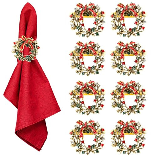 8 Stück Weihnachts Serviettenringe Gold Weihnachtskranz Serviettenhalter Weihnachts Serviettenschnalle Metall für Weihnachten Thanksgiving Party Urlaub Hochzeit Tischdekoration (4cm)
