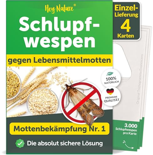 Hey Nature Schlupfwespen gegen Lebensmittelmotten - 1 x 4 Karten | Effektiv & natürlich Lebensmittel Motten bekämpfen | Alternative zu Mottenfalle & Mottenspray | INKL. BERATUNG