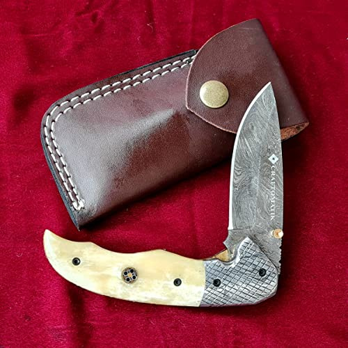 CRAFTOMATIK Damast Stahl Taschenmesser | Klappmesser | Kamelknochen, Damast Stahl, Mosaik Stift Griff | Handgefertigt Outdoor Damastmesser Camping Messer | FK43-YW