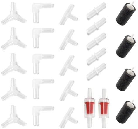 OUDQFCJ 26 Stück Luftpumpe Zubehör Aquarium Zubehör Sauerstoffstein Rückschlagventile Saugnäpfe Reglerventil Y/T/L/I Form Stecker Standard Aquarium Zubehör (Transparent)