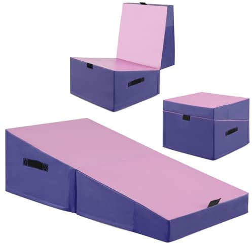 HOMFME Tapis de Gym Incliné Pliable avec Mousse EPE, Tapis de Yoga avec Poignée de Transport, Surface en PVC, Résistant à la Déchirure, pour Enfant, Adultes, Idéal pour Maison, Gymnastique (Rose)