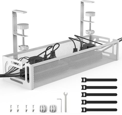 Under Desk Cable Management Tray, A non drilling table cable basket for storing extension cords, a screw free and tidy wire organizer clip, suitable for homes, offices, internet cafes, etc(White)