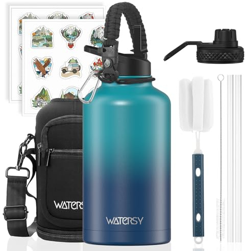 WATERSY Borraccia Termica 2L Acciaio Inox, Grande Bottiglia Termica Impermeabile con 2 Coperchi e Cannucce - Senza BPA per Palestra, Escursionismo, Campeggio e Sport (Blu Scuro)
