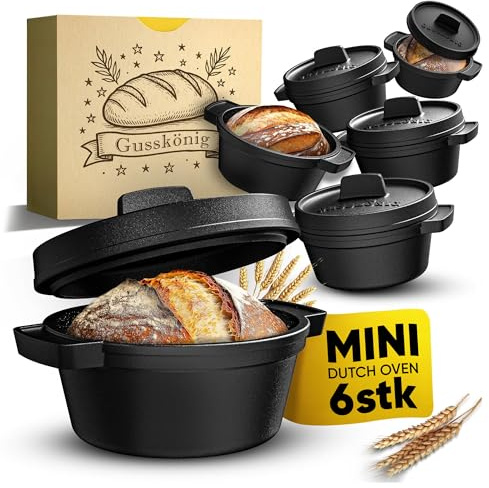 GUSSKÖNIG Mini Gusseisen Brotbackform Set – 6x 300ml Brotbacktopf mit Deckel – Eingebrannte Mini Dutch Oven zum Brotbacken – Kleine Gusseisentöpfe für Mini-Brote inkl. Rezeptbuch - 30 Jahre Garantie
