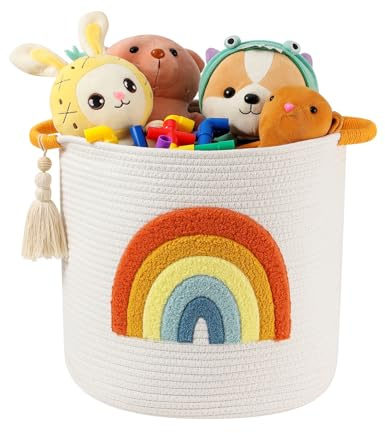 INough Spielzeug-Aufbewahrungskörbe, gewebtes Baumwollseil, Aufbewahrungskorb für Kinder, Deckenkörbe für Wohnzimmer, Spielzeug-Organizer mit Stickerei, buntes Regenbogen-Dekor, Babykorb für Wäsche