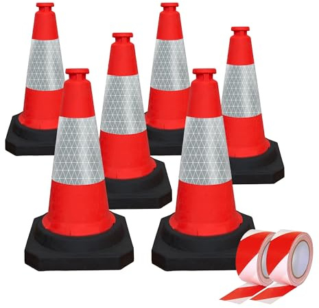 50CM Traffic Cone with 2” x 50 Meter Warning Tape, High Visibility Safety Cone with Black Base, 20 Inch PE Portable Road Cone for Street, Wind Resistant Reflective Traffic Cone (Set of 6)